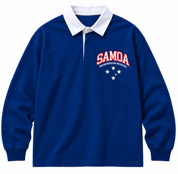 Front of the Soulview 685 Polo in royal blue with a white collar and Samoa chest print