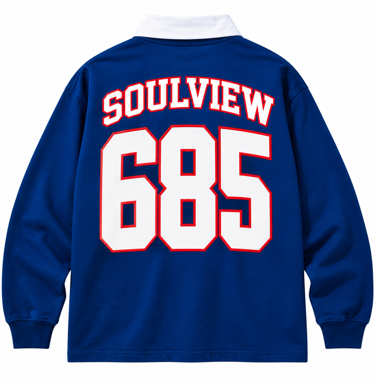 Back of the Soulview 685 Polo in royal blue with an oversized Soulview 685 varsity print